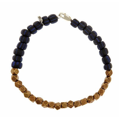 Sterling Silver Two Tone Black/Blue Stripe & Brass Bead Bracelet