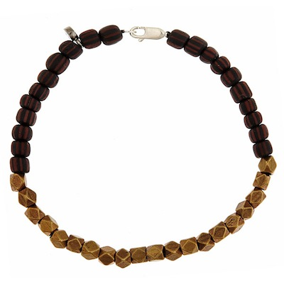 Sterling Silver Two Tone Black/Red Stripe & Brass Bead Bracelet