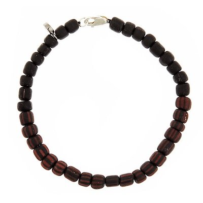 Sterling Silver Two Tone Black & Black/Red Stripe Bead Bracelet